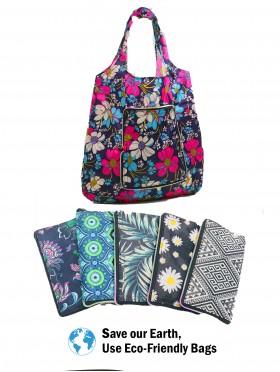 Abstract Flower Themed Reusable Foldable Shopping Bags W/ Zipper(6 pcs)